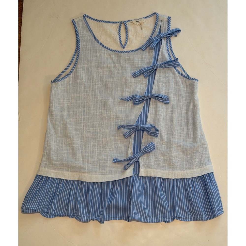 Entro Blue White Striped Bow Accent Ruffle Hem Sleeveless Cotton Top T7723 L